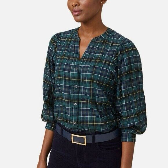 J. McLaughlin Megyn Plaid Cotton Poplin Shirt Crinkled Button Up 3/4 Sleeve Med - Picture 1 of 11